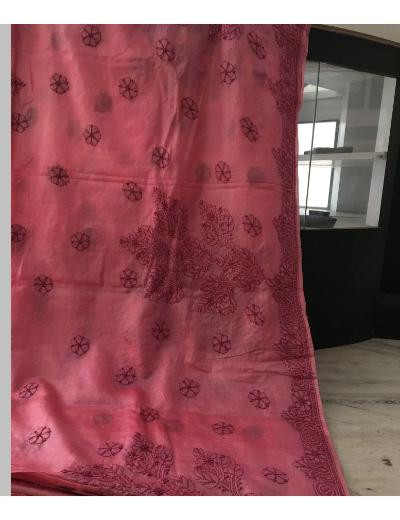 Chhangamal Hand Embroidered Dark Pink Colour Tussar Slik Chikankari Saree