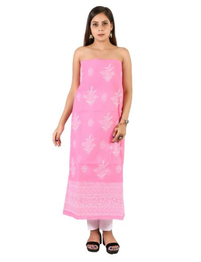 Chhangamal Hand Embroidered Dark Pink Cotton Blend Chikankari Suitlength