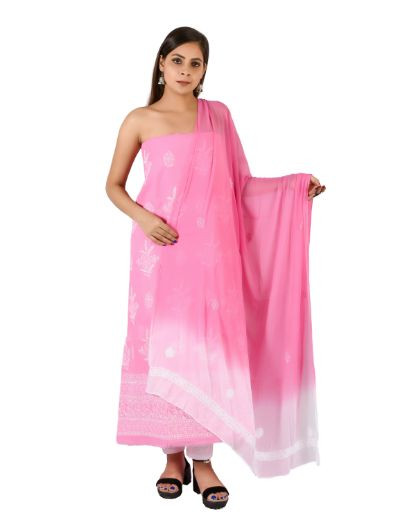 Chhangamal Hand Embroidered Dark Pink Cotton Blend Chikankari Suitlength