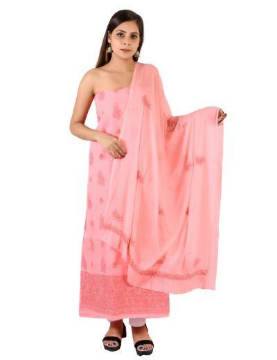 Chhangamal Hand Embroidered Dark Pink Cotton Blend Chikankari Suitlength