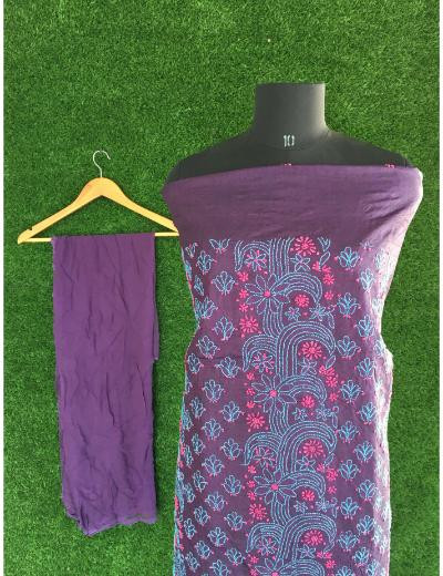 Chhangamal Hand Embroidered Dark Purple Colour Silk Chikankari Suit Length