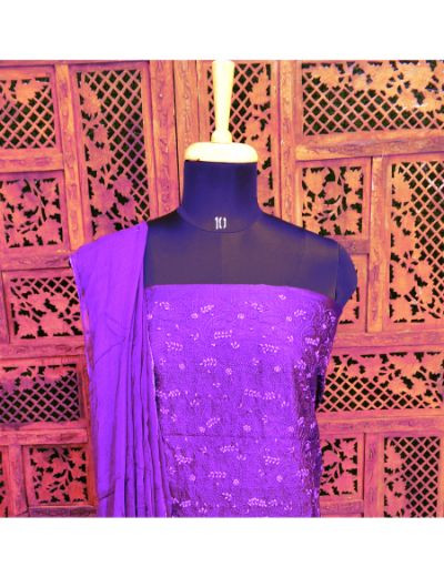 Chhangamal Hand Embroidered Dark Purple Colour Unstitched Silk Chikankari Suit Length