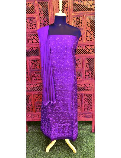 Chhangamal Hand Embroidered Dark Purple Colour Unstitched Silk Chikankari Suit Length