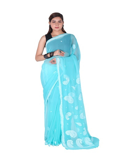 Chhangamal Hand Embroidered Dark Sea Green Chikankari Faux Georgette Saree