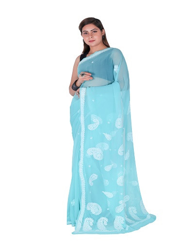 Chhangamal Hand Embroidered Dark Sea Green Chikankari Faux Georgette Saree