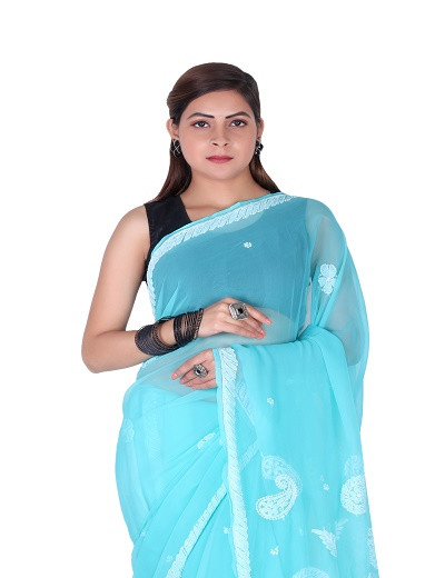 Chhangamal Hand Embroidered Dark Sea Green Chikankari Faux Georgette Saree
