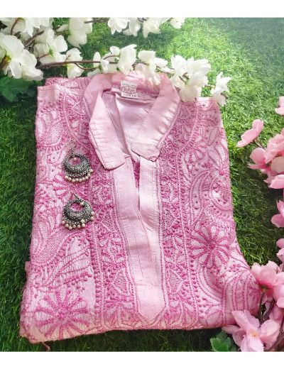Chhangamal Hand Embroidered Designer Chikankari Embroidery Pure Silk Kurta