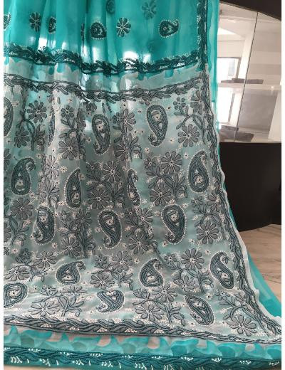Chhangamal Hand Embroidered Double Shade Colour Georgette Chikankari Saree
