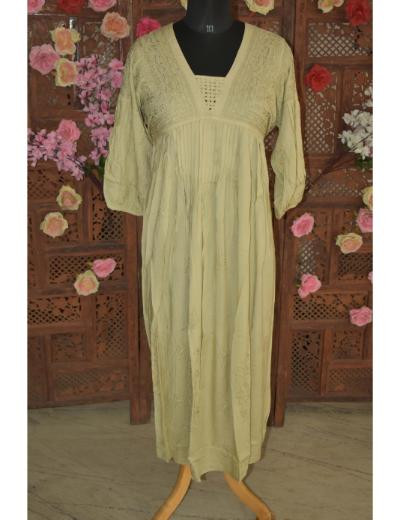 Chhangamal Hand Embroidered Dull Yellowish Brown Colour Muslin Long Gawn Kurti
