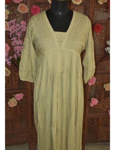 Chhangamal Hand Embroidered Dull Yellowish Brown Colour Muslin Long Gawn Kurti