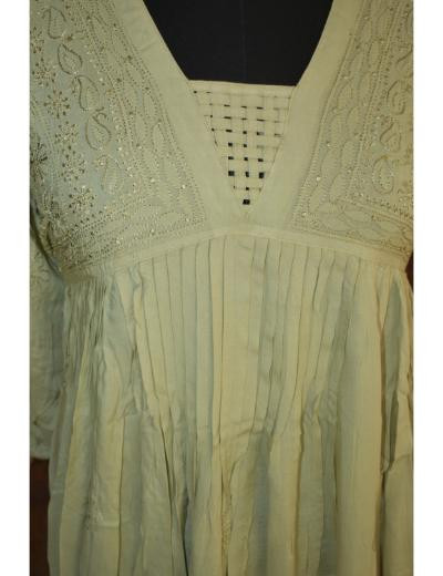 Chhangamal Hand Embroidered Dull Yellowish Brown Colour Muslin Long Gawn Kurti