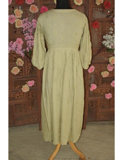 Chhangamal Hand Embroidered Dull Yellowish Brown Colour Muslin Long Gawn Kurti