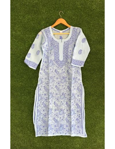 Chhangamal Hand Embroidered Electric Blue Colour Cotton Chikankari Kurti