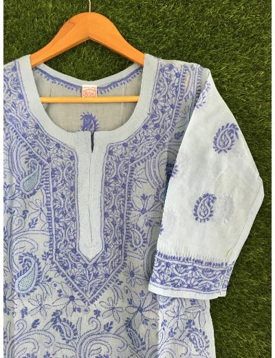 Chhangamal Hand Embroidered Electric Blue Colour Cotton Chikankari Kurti
