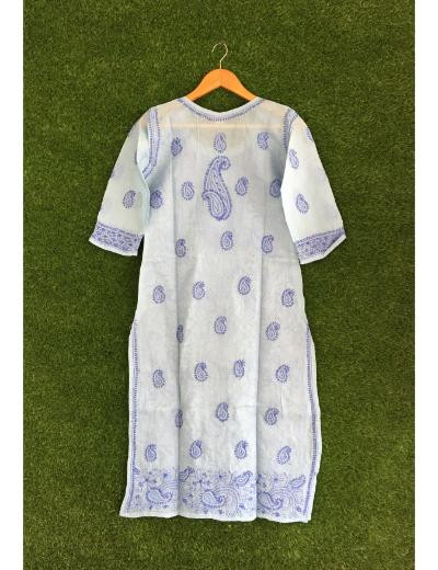 Chhangamal Hand Embroidered Electric Blue Colour Cotton Chikankari Kurti