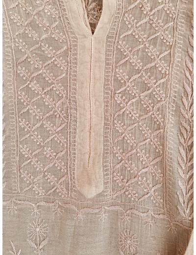 Chhangamal Hand Embroidered Fawn Colour Mul Chanderi Chikankari Kurti Piece