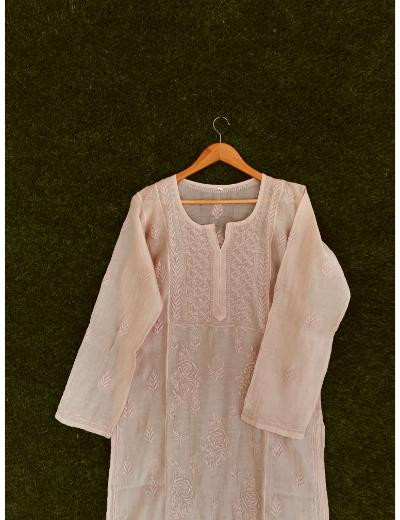 Chhangamal Hand Embroidered Fawn Colour Mul Chanderi Chikankari Kurti Piece