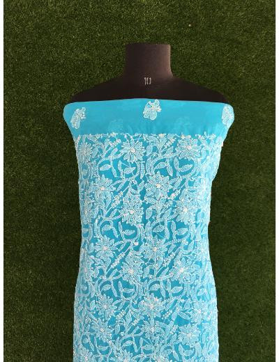 Chhangamal Hand Embroidered Firozi Blue Colour Georgette Chikankari Suit Piece