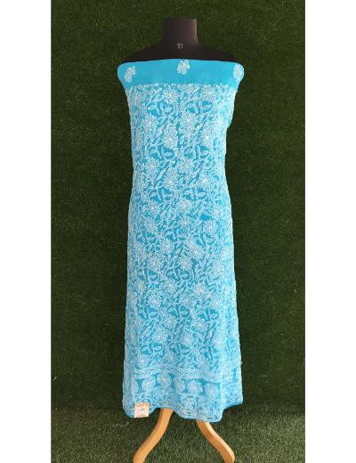 Chhangamal Hand Embroidered Firozi Blue Colour Georgette Chikankari Suit Piece