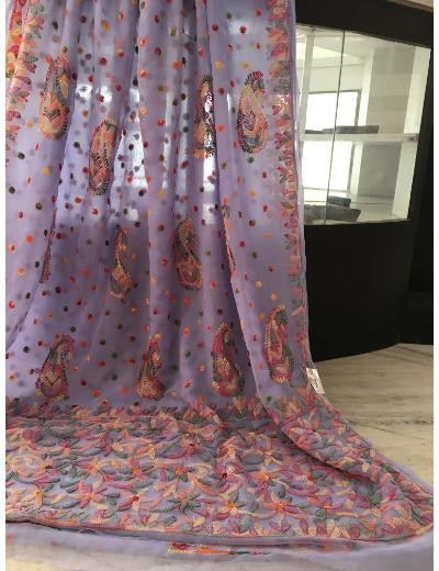 Chhangamal Hand Embroidered Firozi Colour Georgette Chikankari Saree