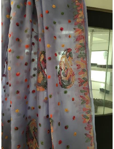 Chhangamal Hand Embroidered Firozi Colour Georgette Chikankari Saree