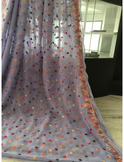 Chhangamal Hand Embroidered Firozi Colour Georgette Chikankari Saree