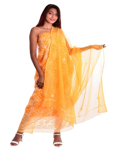 Chhangamal Hand Embroidered Georgette Chikankari Suit Length