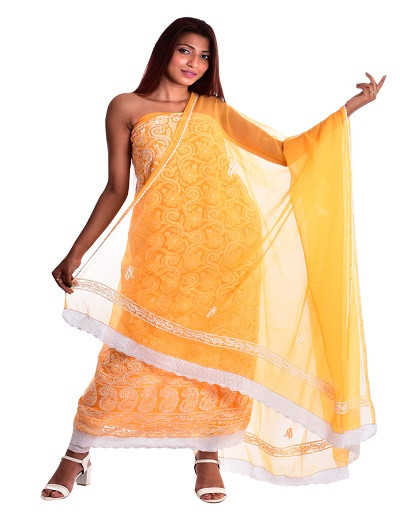 Chhangamal Hand Embroidered Georgette Chikankari Suit Length