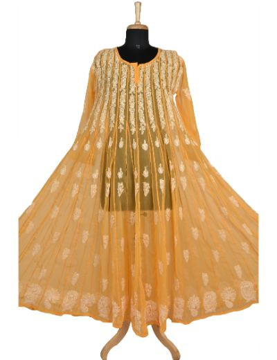 Chhangamal Hand Embroidered Golden Yellow Colour Faux Georgette Chikankari Anarkali Kurti