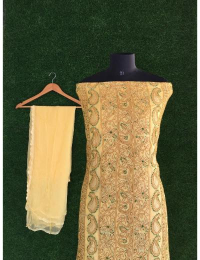 Chhangamal Hand Embroidered Golden Yellow Colour Silk Chikankari Suit Length