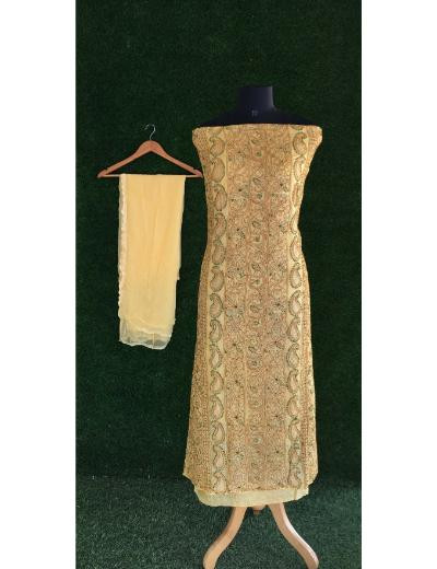Chhangamal Hand Embroidered Golden Yellow Colour Silk Chikankari Suit Length