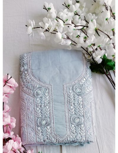 Chhangamal Hand Embroidered Gray Colour Unstitched Cotten Chikankari Suit Length