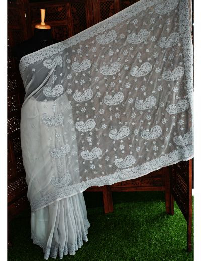Chhangamal Hand Embroidered Gray Georgette Half Jaal Chikankari Saree