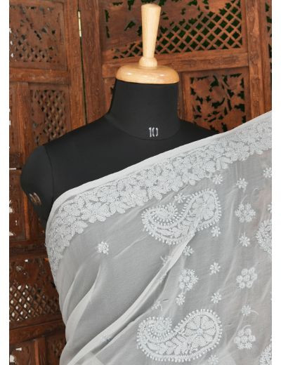 Chhangamal Hand Embroidered Gray Georgette Half Jaal Chikankari Saree