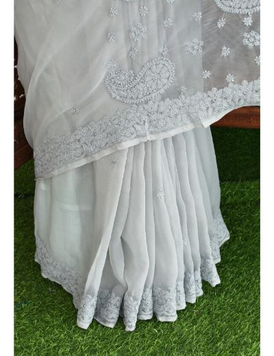 Chhangamal Hand Embroidered Gray Georgette Half Jaal Chikankari Saree