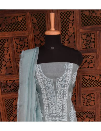 Chhangamal Hand Embroidered Grayish Blue Colour Unstitched Pure Organza Chikankari Suit Length