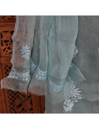 Chhangamal Hand Embroidered Grayish Blue Colour Unstitched Pure Organza Chikankari Suit Length