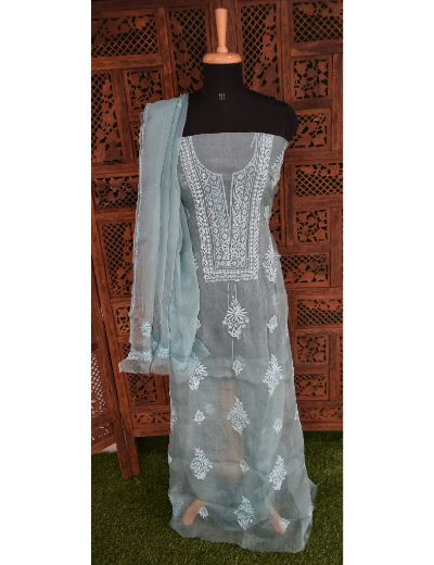 Chhangamal Hand Embroidered Grayish Blue Colour Unstitched Pure Organza Chikankari Suit Length