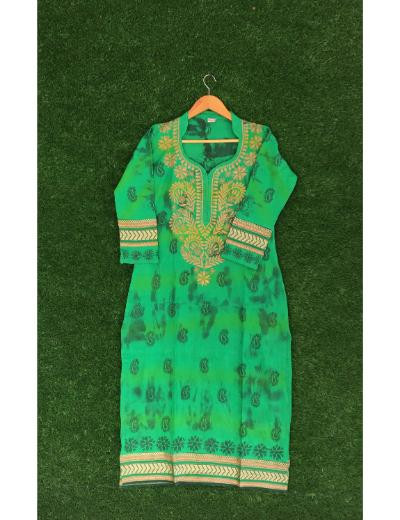 Chhangamal Hand Embroidered Green  Colour Cotton Chikankari Kurti Piece