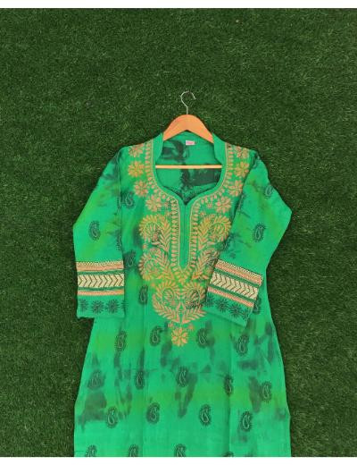 Chhangamal Hand Embroidered Green  Colour Cotton Chikankari Kurti Piece