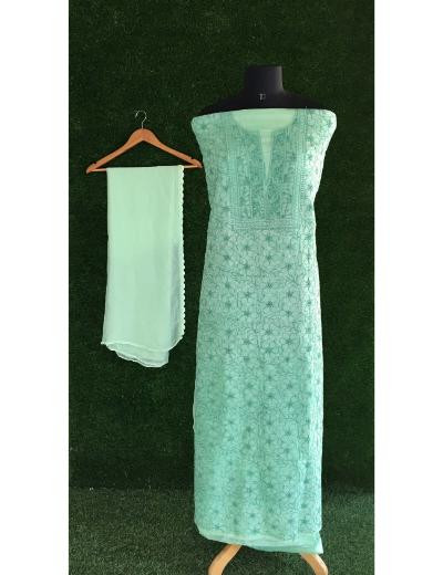 Chhangamal Hand Embroidered Green  Colour Silk Chikankari Suit Length