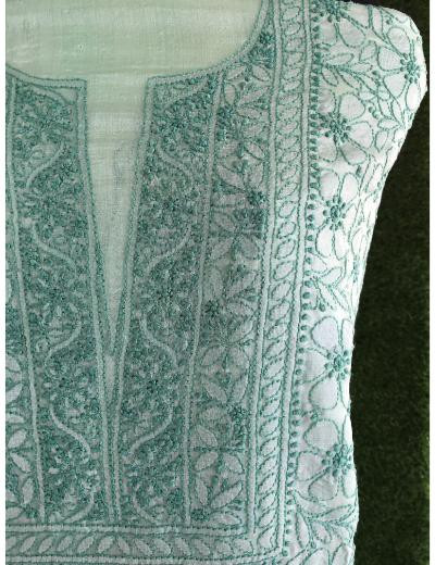Chhangamal Hand Embroidered Green  Colour Silk Chikankari Suit Length