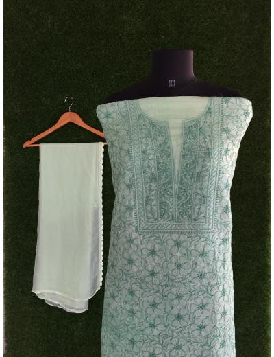 Chhangamal Hand Embroidered Green  Colour Silk Chikankari Suit Length