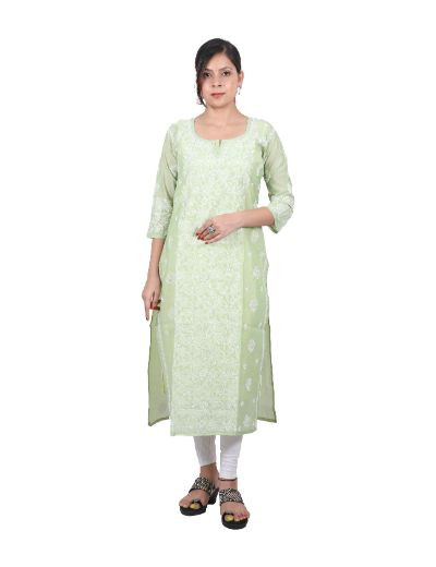 Chhangamal Hand Embroidered Green Colour Chanderi Cotton Chikankari Kurti