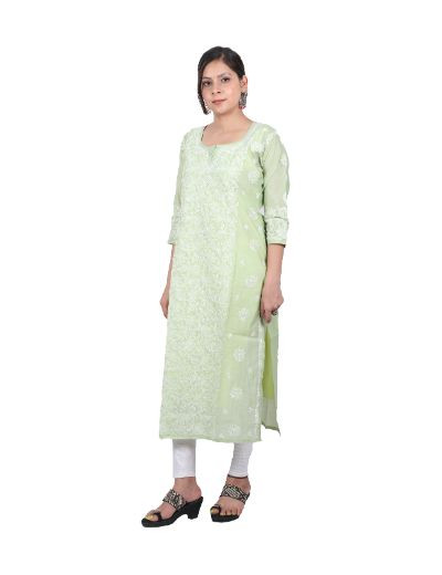 Chhangamal Hand Embroidered Green Colour Chanderi Cotton Chikankari Kurti