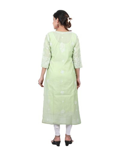 Chhangamal Hand Embroidered Green Colour Chanderi Cotton Chikankari Kurti
