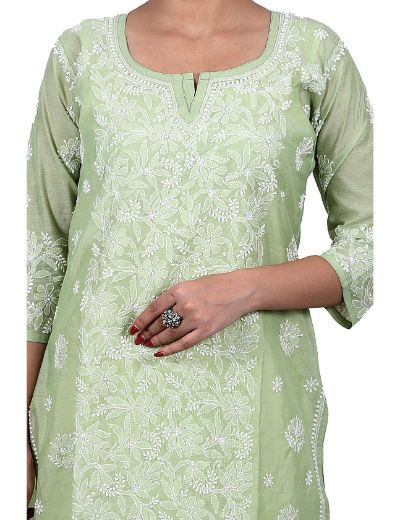 Chhangamal Hand Embroidered Green Colour Chanderi Cotton Chikankari Kurti