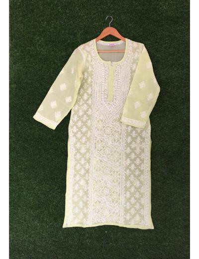 Chhangamal Hand Embroidered Green Colour Cotton Chikankari Kurti