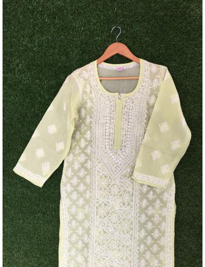 Chhangamal Hand Embroidered Green Colour Cotton Chikankari Kurti