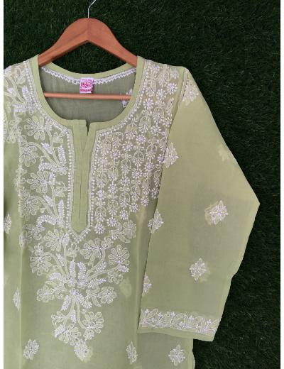 Chhangamal Hand Embroidered Green Colour Cotton Chikankari Kurti